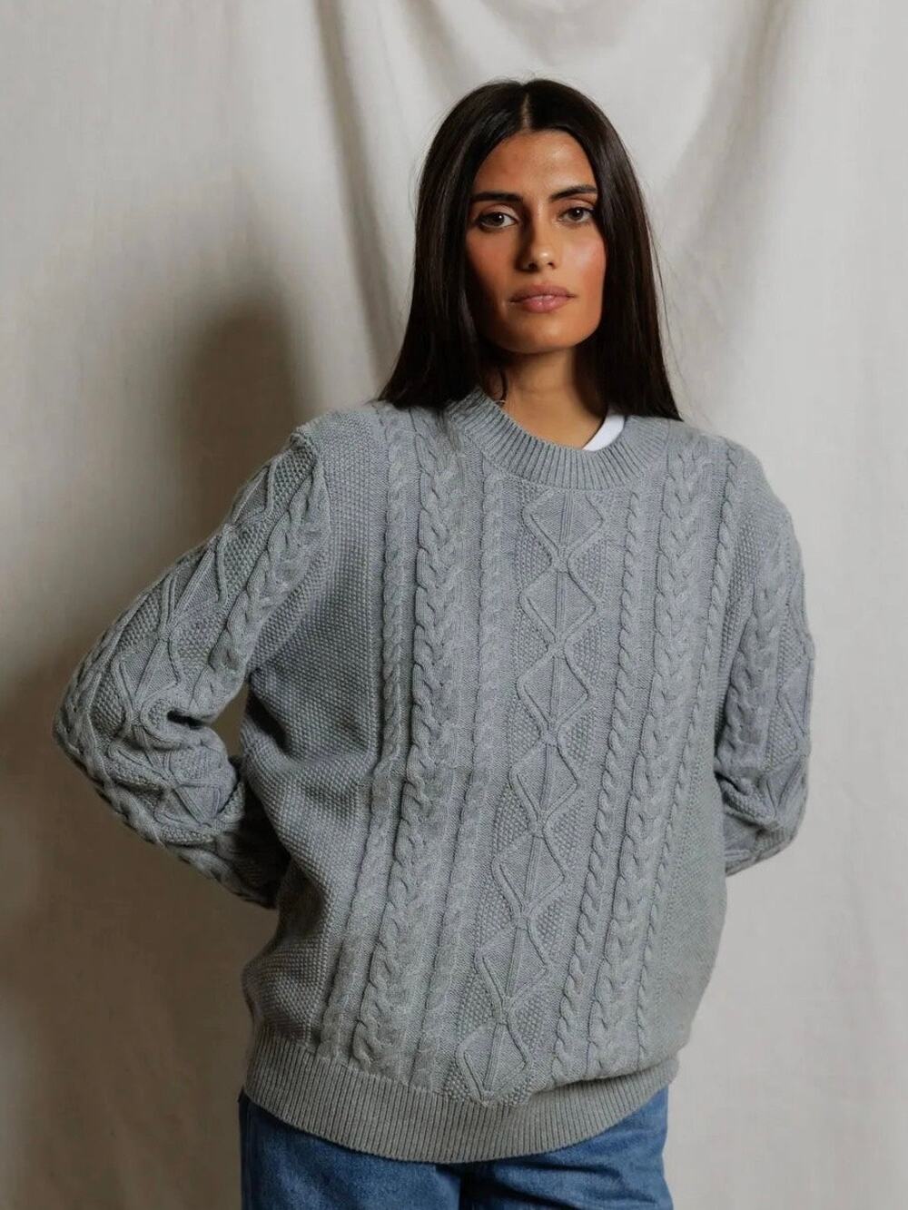 PerfectWhiteTee Cable Knit Cotton Cashmere Grey Unisex Morgan Sweater LARGE